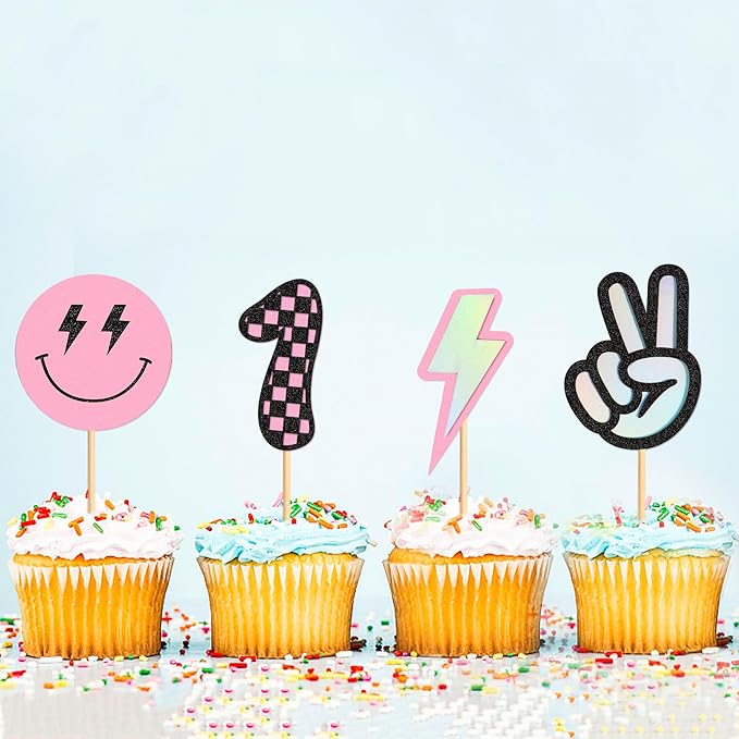 Ercadio 24 Pack Smile Cupcake Toppers Pink 1 Lightning Scissorhands Cupcake Picks Smiley Assorted Cake For Girls Baby Shower Birthday Party Cake Decoration Supplies
