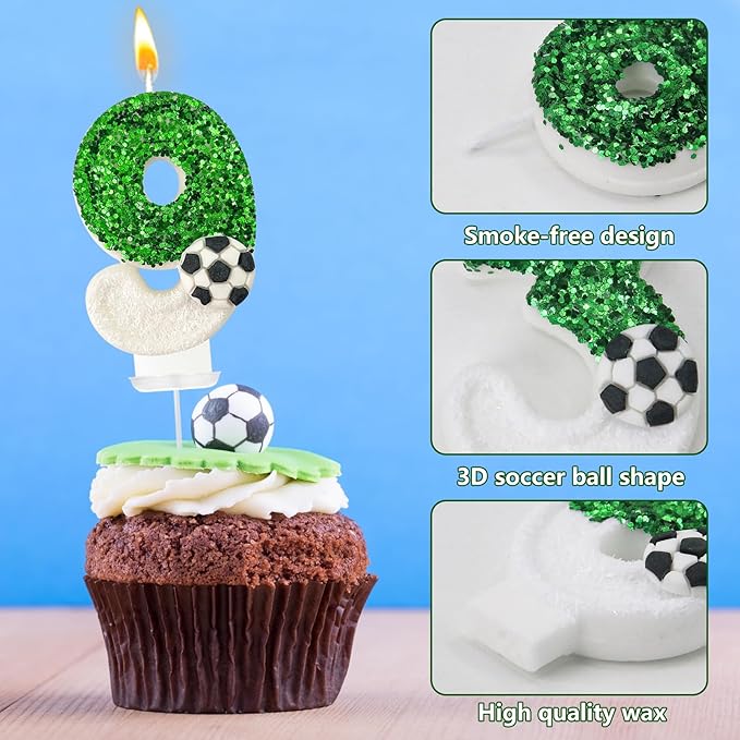 Birthday Candles，Soccer Birthday Decorations，Soccer Cake Topper,for Girl and boy Cake Toppers, Wedding Cakes, Anniversaries, Party Celebrations, Birthday Decorations (Green White, Number 9)