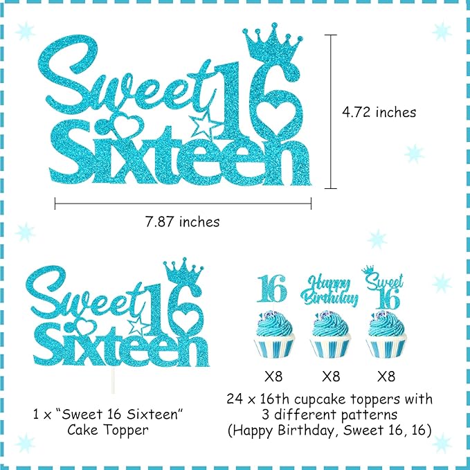 25 Pack 16th Birthday Cake Decorations, Sweet 16 Sixteen Cake Topper, Happy Birthday Sweet 16 Cupcake Toppers Teal Turquoise Blue for Boys Girls Happy 16th Birthday Party Supplies
