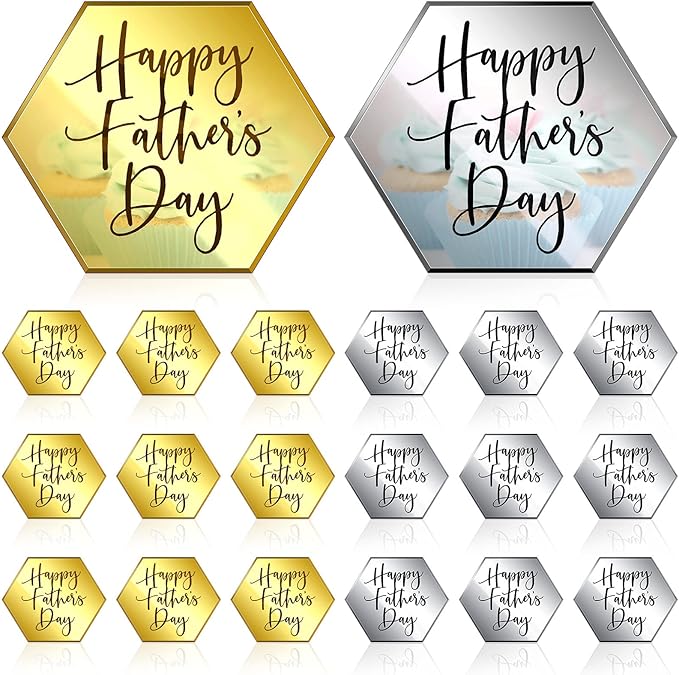 24 Pieces Happy Father's Day Cupcake Toppers Acrylic Cake Mirror Disc Cake Toppers Decorations Mini Glitter Engraved Discs for Birthday Party Dads Day Gifts(Hexagon)