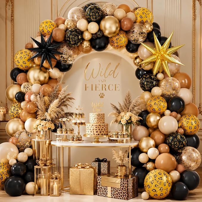 Cheetah Print Balloon, 12 Inch Black Brown Gold Balloons with Leopard Print Balloons Star Foil Balloons Leopard Jungle Animal Decorations for Cheetah Theme Birthday Cherry Vintage Party Supplies