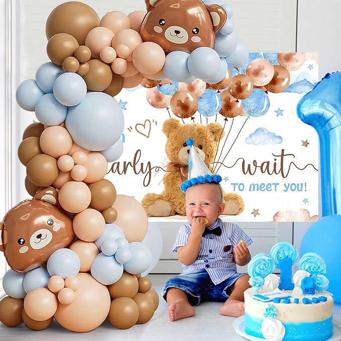 We Can Bearly Wait Baby Shower Decorations for Boy, 125 Pcs Blue Plastic Party Supplies - Bear Balloons,Blue Brown Balloons , Backdrop for Baby Shower & Gender Reveal