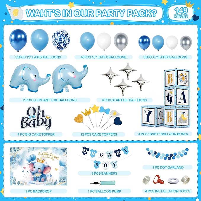 149 pcs Baby Shower Decorations for Boy, 4 Pcs Balloon Boxes,Elephant Foil Balloons, Blue Elephant Theme Baby Shower Decorations Gender Reveal Party Supplies