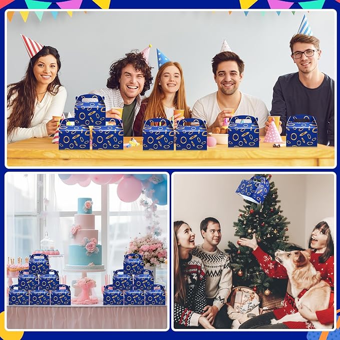 Marspark 48 Pack Blue with Gold Ring Party Favor Treat Boxes with Handles Theme Paper Goodie Candy Gift Gable Boxes for Video Game Birthday Party Decorations(Blue and Golden)