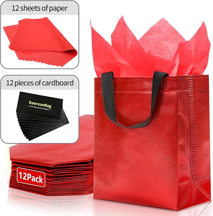 KeerxunBag 12pcs Reusable Gift Bags（Includes Tissue Paper） Gift bag with handle Birthdays Parties Holidays Weddings Medium 10x4x8in red Gift Bags