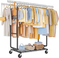 FAVOOSTY Heavy Duty Clothes Rack for Hanging Clothes Double Rods, Rolling & Extending Clothing Rack with Wheels, Garment Coat Rack Freestanding, Portable Clothes Rack, Black