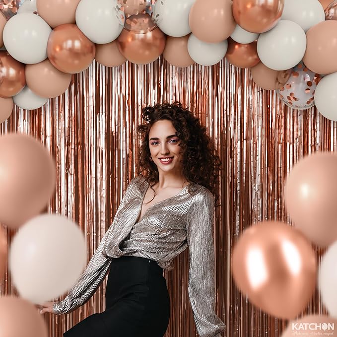 KatchOn Rose Gold Party Decorations Set – Pack of 52 | Rose Gold Fringe Backdrop with Latex Balloons Confetti Balloons for Birthday, Wedding, Anniversary, Bridal Shower, Bachelorette Party Decorations