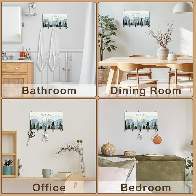 Rustic Cabin Mountain Decor Key Holder for Wall 10"x5.12", Mountain House Key Hanger Wall Mount, Of All the Paths You Take in Life Camp Wooden Hanging Keys Holder Decor for Entryway Front Door
