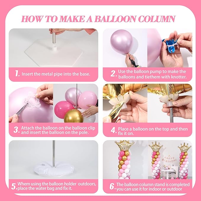 Princess Pink and White Gold Balloon Column Stand Kit Set of 2 for Floor Princess Birthday Party Balloon Arch Kit with 125PCS Hot Pink White Gold Balloon Towers for Girl Birthday Party Decorations