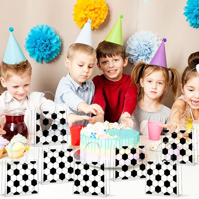 Lonfliness 24Pcs Soccer Clear PVC Gift Bags With Handles Bulk Sport Theme Goodie Treat Candy Bags Team Present Wrap Tote Bags for Boys Birthday Party Favor Baby Shower Decorations Supplies 8 x 8 x 3in