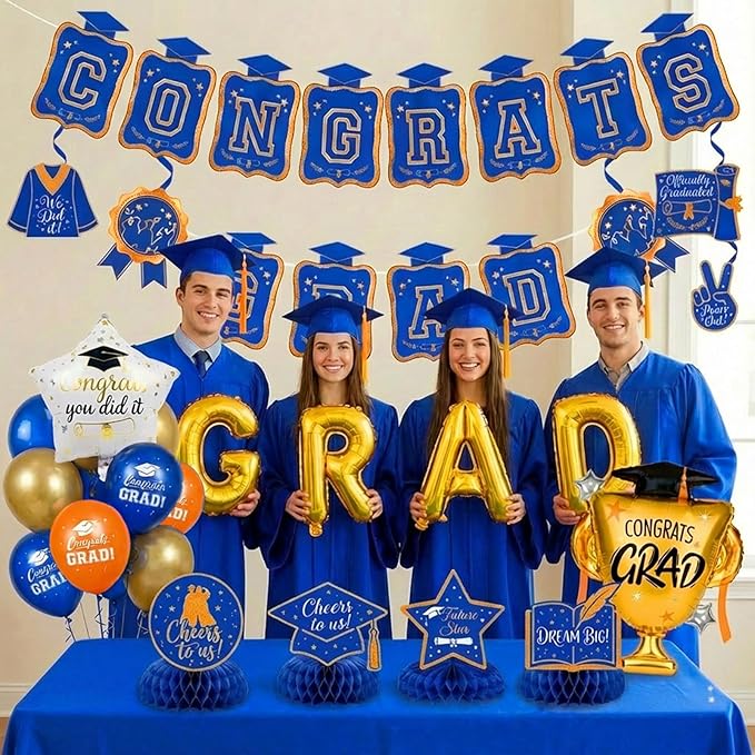 Blue Orange Gold Balloons GRAD Print Balloons with Banner Table Honeycomb Centerpieces Hanging Swirl star GRAD Letters Mylar Balloons for 2026 graduate Prom Decorations