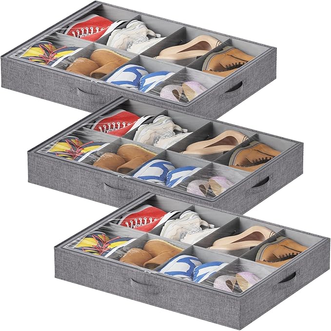 Lifewit Under Bed Shoe Storage Organizer Fits 8 Pair Sneakers, 4.3 Inches Tall Sturdy Structure Ultra Thick Fabic Sneaker Storage, Foldable Underbed Shoe Boxes for Heels, Boots, Sports Shoes 3 Pack