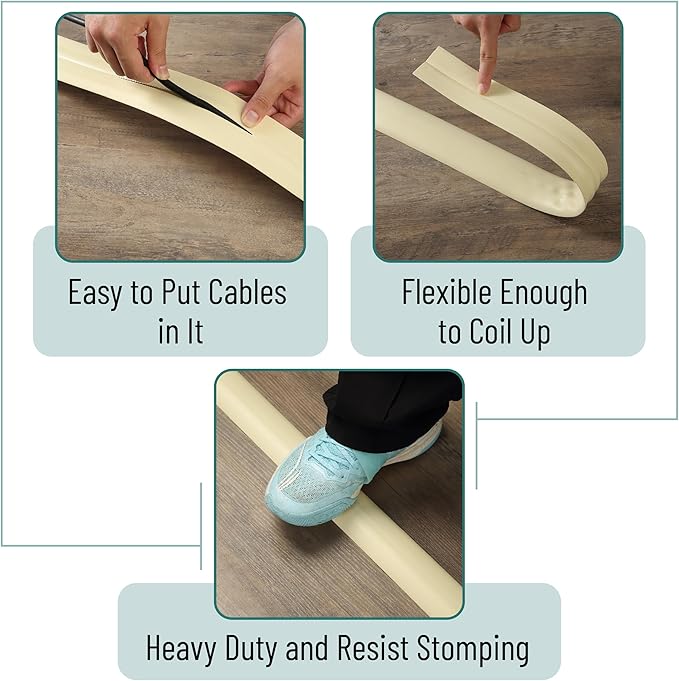 Bates- Floor Cord Cover, 8ft, Cable Cavity 0.6" (W) x 0.31" (H), Heavy Duty Wire Protector, PVC Extension Cords Hider, Protect Cords, Prevent Cable Trips, Cord Hider for Office, Home, Outdoor