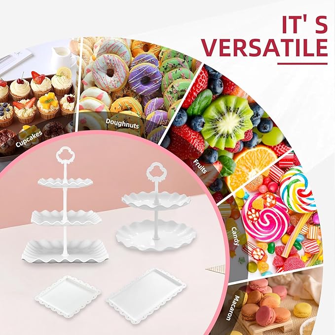 13PCS Cupcake Stand Set, 2-Tier Round & 3-Tier Square Trays, 4 Small Square + 4 Rectangle Platters, Tiered Dessert Display for Candy Cookies Cake Pops, Wedding Baby Shower Birthday Party Decorations