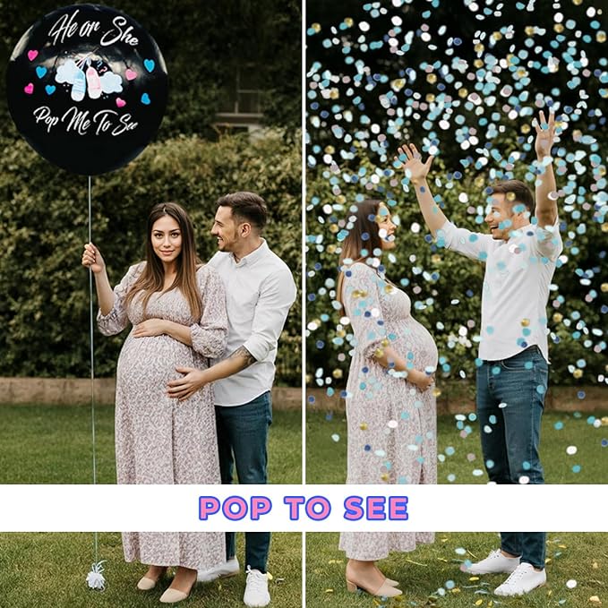 Gender Reveal Confetti Balloon Set, He or She Pop Me to See, 2 Pieces, Pink and Blue Baby Shower Decorations