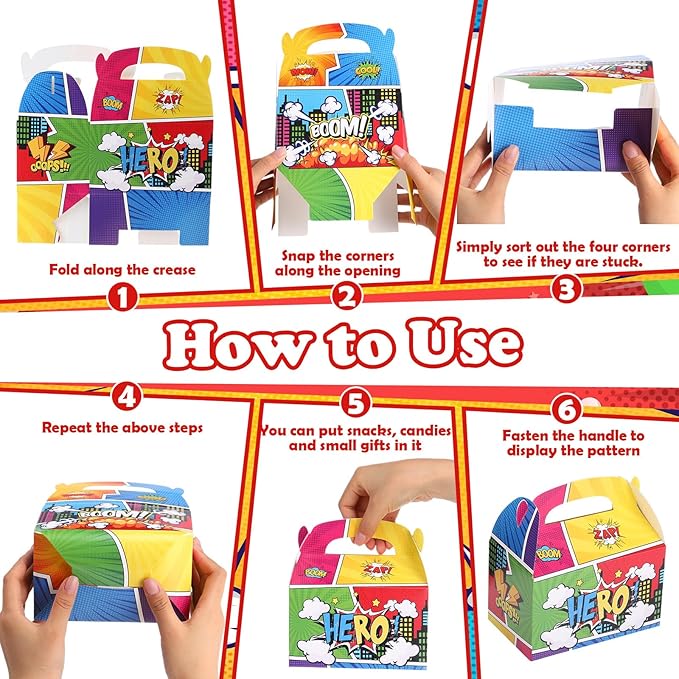 Gueevin 24 Pcs Hero Party Favors Boxes Hero Birthday Goodie Candy Snack Bags Gable Paper Gift Boxes with Handles for Birthday Baby Shower Party Supplies Decorations