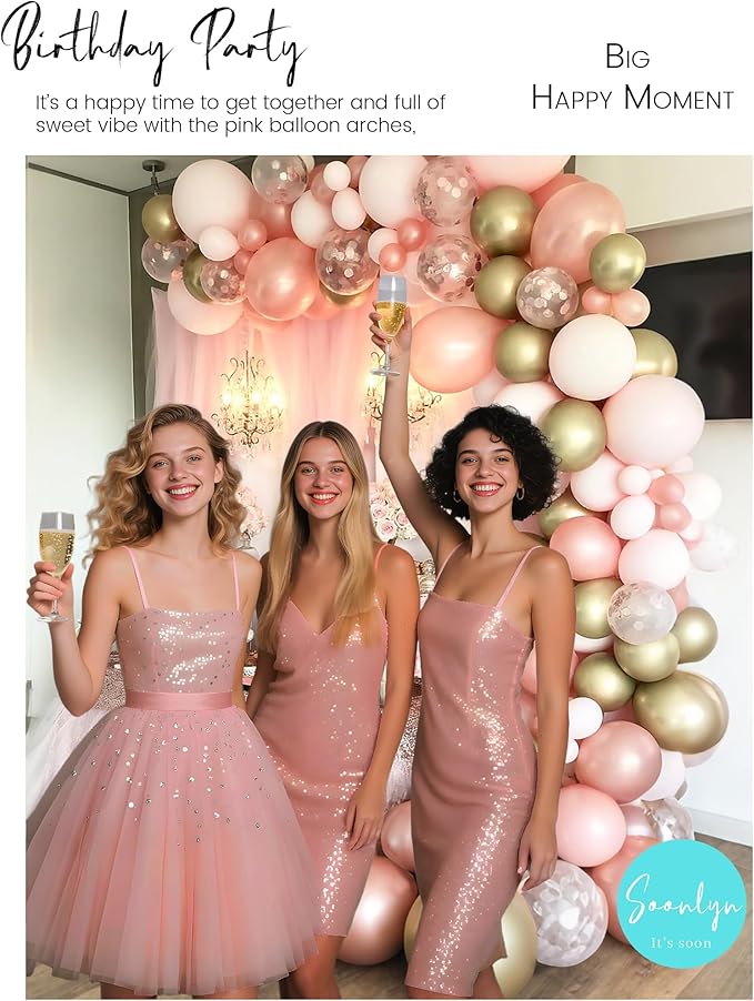 Soonlyn Rose Gold Balloons - 140 Pack, 12 Inch Gold & Pink, Pink Confetti, Arch Kit for Bridal & Baby Showers