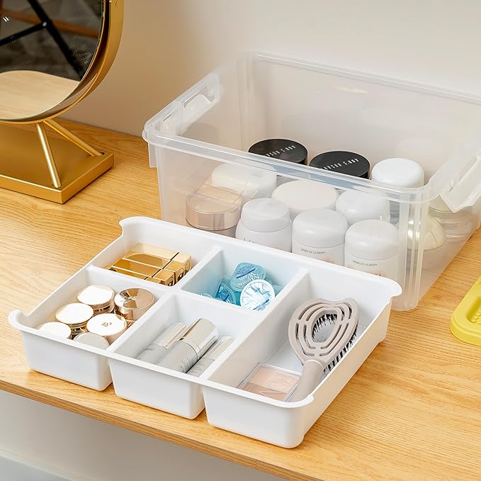 Citylife 17 QT Plastic Storage Box with Building Baseplate Lid and Removable Tray Craft Organizers and Storage Clear Storage Container for Organizing Bead, Tool, Sewing, Yellow