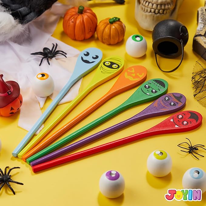 JOYIN Halloween Egg and Spoon Race Game Set; 6 Eyeballs and Spoons with Assorted Colors for Kids Adults Halloween Outdoor Fun Games, Party Favor Supplies, Classroom Activities