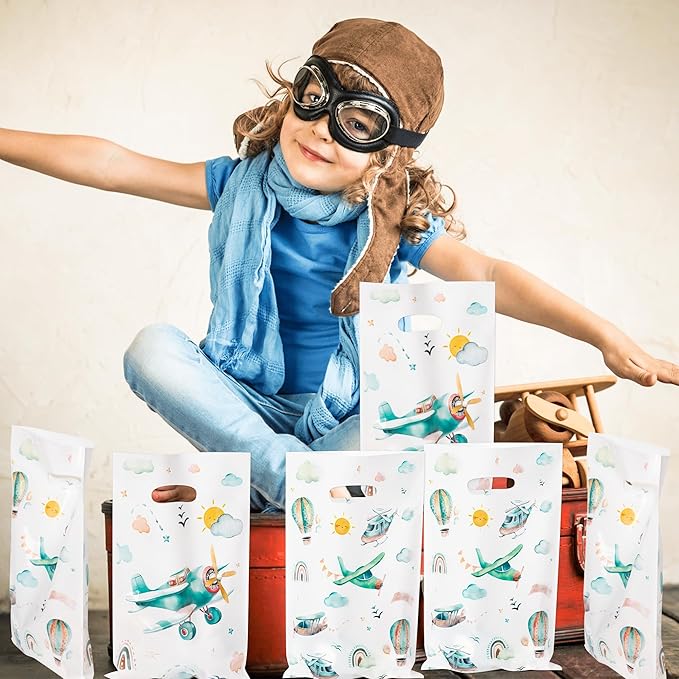 Airplane Party Favor Bags - 50Pcs Plastic Snack Candy Treat Gift Bag with Handles Cute Boho Airplane Themed Party Supplies Decor for Baby Shower Kids Birthday