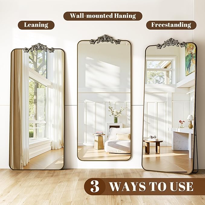 Vintage Full Length Mirror, 76"x34" Floor Mirror with Carved, Full Body Mirrors for Home Decor, Standing/Hanging Large Wall Mirrors for Bedroom/Living Room/Entryway, Bronze, Retro Style