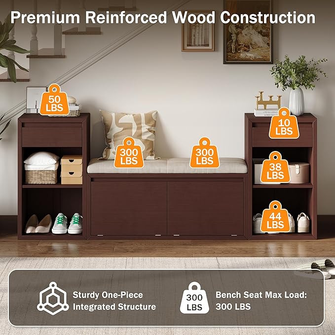 Merax All-in-One Shoe Storage Bench with Cushion & Flip Compartments, Entryway Bench with Drawers and Open Shelves, Solid Wood Storage Bench for Mudroom Hallway Living Room, Espresso