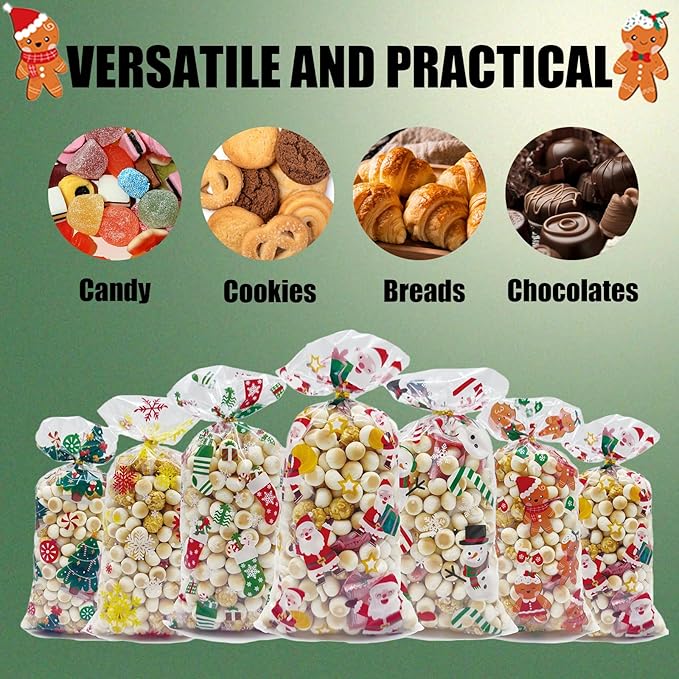EatnMgan 180Pcs Christmas Cellophane Treat Bags,Santa Claus Goodie Candy,Cellophane Bags,Xmas Party Favors Bags Cellophane Candy bags with 200Pcs Twist Ties for Christmas Party Supplies