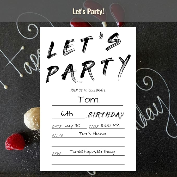 Birthday Let's Party Invitations, Simple Black and White Handwriting Style Design Invites with Envelopes for Girls Boys Teens Kids, 25 Pcs 4x6 Inch (Black Handwriting Simple)