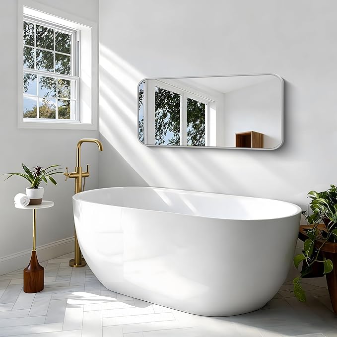 BONEWEI Silver Bathroom Mirror,20x40 inch Wall Mirror for Bathroom Wall Mounted,Rectangle Mirror for Bathroom Over Sink,Modern Frame Round Corner for Living Room,Bedroom Entryway,Horizontal/Vertical