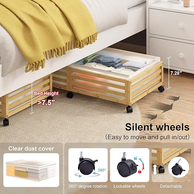 Under Bed Storage Containers With Wheels - 2 Pcs Large Bamboo Wood Rolling Underbed Shoe Storage Bins With Dust Bags for Clothes Blankets, Duvet Covers Snacks Toys (Natural)