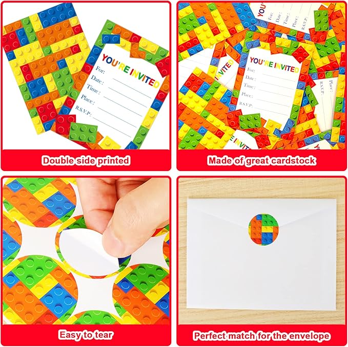 Wiooffen Children Boys Birthday Party Invitations Building Blocks Party Supplies, Stacking Block Bricks Invitation Cards Set with Sticker Labels Envelopes Birthday Decorations for 24 Guests