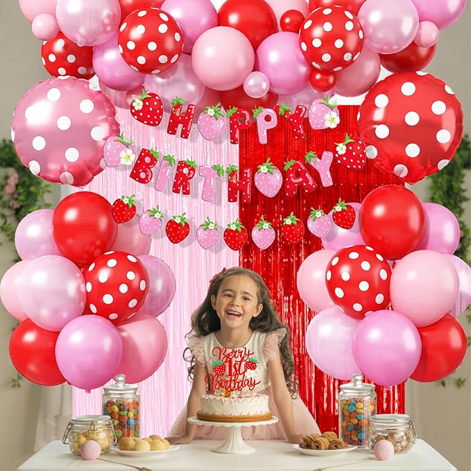 Strawberry Birthday Decorations for Girls, Berry First Birthday Decor Pastel Pink Red Polka Dot Foil Balloons Sweet Strawberry Banner Cake Topper for Sweet Berry Baby Shower 1st Girl Party Supplies