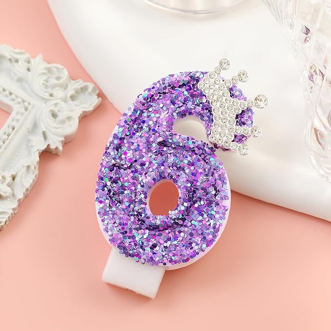 Birthday Number Candles,Purple Crown Birthday Candles for Cake,Glitter Number 6 Candle Cake Topper with Sequins for Anniversary Celebrations Supplies