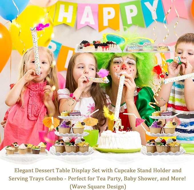 9 Pcs Cake Stand Plastic Dessert Table Display Set, 3 Pcs 3-tier Cupcake Stand Tower Holder and 6 Serving Tray for Tea Party Baby Shower Decorations