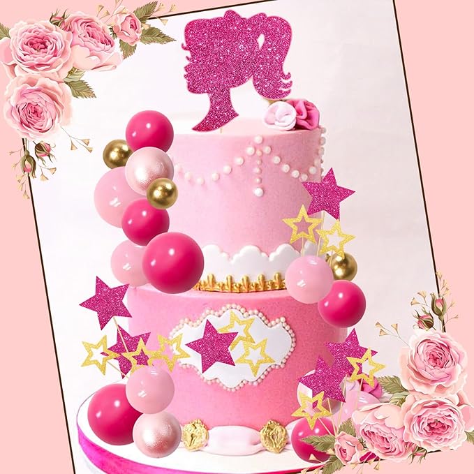 MEMOVAN Hot Pink Girl Cake Toppers 36pcs Ball Cake Decorations with Hot Pink Gold Balls Shiny Stars for Boho Girl Pink Princess Theme Wedding Baby Shower Birthday Party Supplies