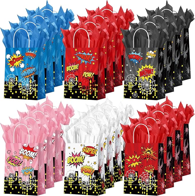 Epakh 24 Pack Hero Party Favors Bags with Tissue Paper and Handle Recyclable Treat Cookie Candy Gift Bag Comic Hero Decorations Boom Theme Birthday Decorations Supplies