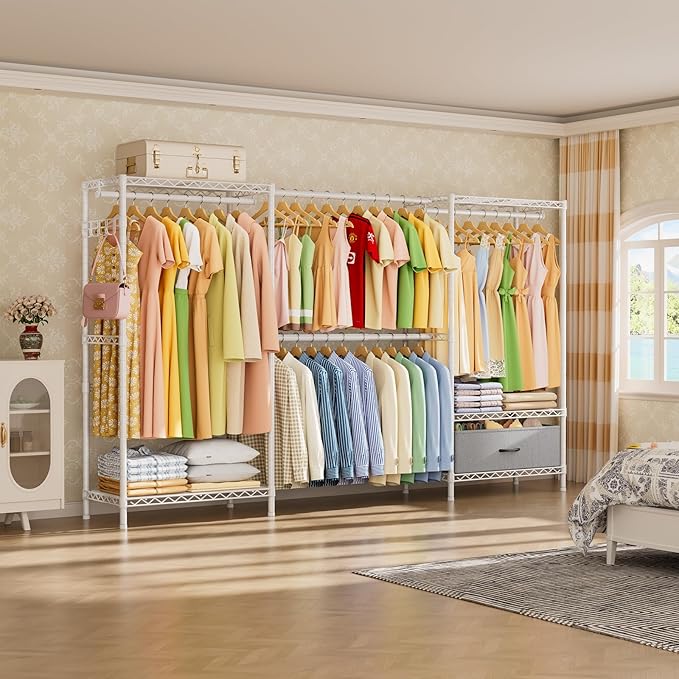 Golpart Coat Rack Clothes Wardrobe：Closet Organizer and Storage Clothing Garment Rack with Shelves Heavy Duty for Hanging Clothes Portable Adjustable White 15.8" DX(70-88)" WX76.5 H