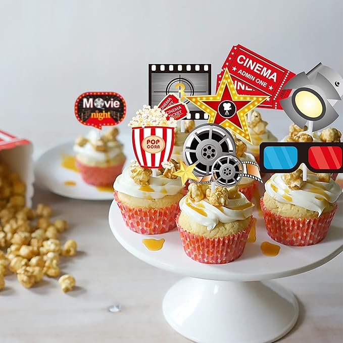 36pcs Movie Cupcake Toppers Movie Night Films Video Recorders Popcorns Cupcake Picks for Movies Theme Birthday Party Decorations Baby Shower Supplies