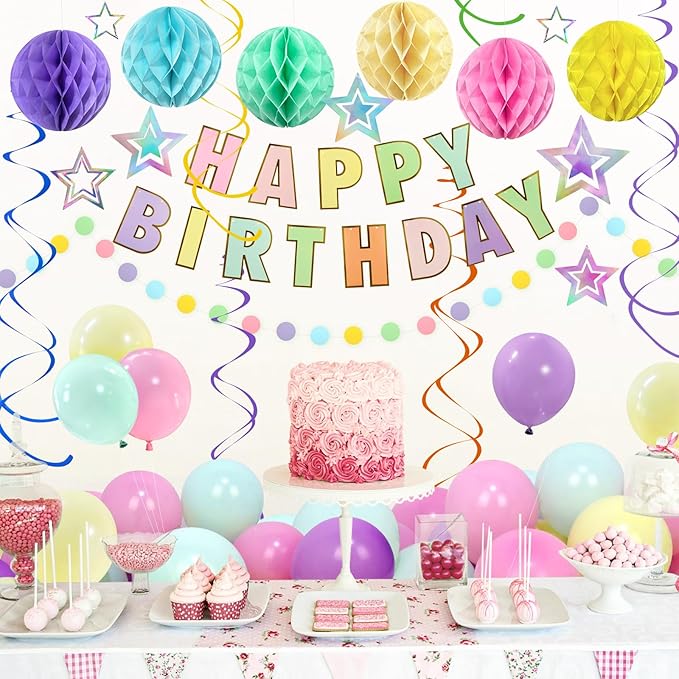 ZERODECO Birthday Decorations, Easy to Assemble Pastel Happy Birthday Banner with Honeycomb Ball, Balloon, Hanging Swirl Streamer, Garland, Happy Birthday Party Decorations for Women Girls Kids
