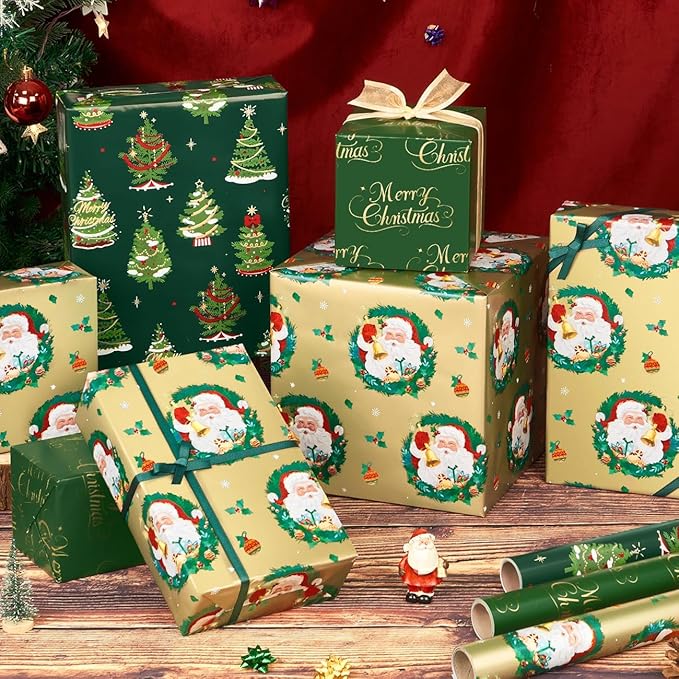 WERNNSAI Christmas Wrapping Paper Rolls - 3 Rolls 17”x 120” Kids Santa Wrapping Paper Xmas Gift Wrap Papers Merry Christmas and Xmas Tree Design for Girls Boys Holidays Party Gift Decoration
