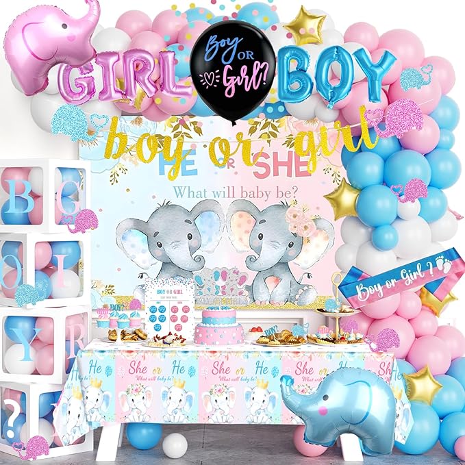 172 PCs Elephant Gender Reveal Decorations, Hombae Boy or Girl Gender Reveal Decorations What Will Baby Be Backdrop Balloon Garland Banner Tablecloth Cake Cupcake Topper Box Cutout Poster Sash