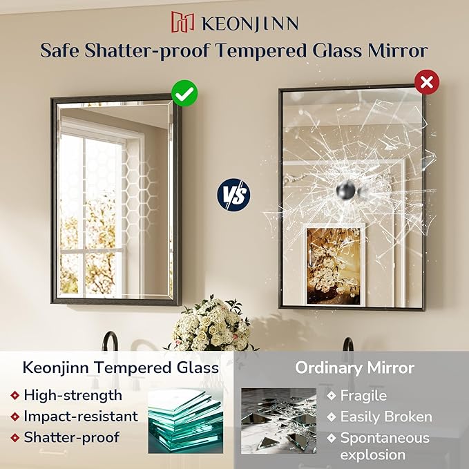 Keonjinn 24" x 36" Black Bathroom Mirror, Brushed Black Framed Mirror for Wall, Beveled Tempered Glass, Decorative Wide Frame, Rustproof, Rectangular Bathroom Vanity Mirrors with Square Corner