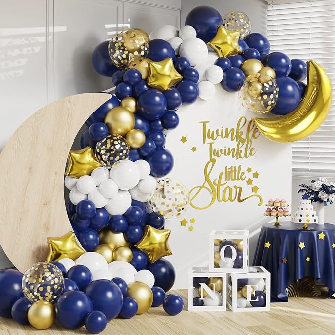 Twinkle Twinkle Little Star Party Decorations,127Pcs Navy Blue White Gold Balloon Garland Arch Kit,Moon and Star Foil Balloons Baby Shower Gender Reveal Birthday Ramadan Eid Mubarak Party Decorations