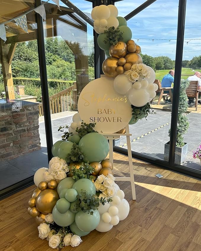 Sage Green Balloons Arch Kit, 124pcs Green and Gold Balloons Sage Green White and Gold Balloons for Birthday Baby Shower Wedding Party Decorations