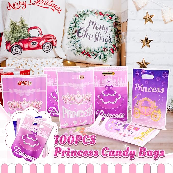 Nuesaurd 100Pcs Princess Party Favor Bags, Plastic Princess Goodie Gift Bags,4 Styles Pink 9.8"x6.7" Castle Candy Treat Bags for Kids Birthday Party Baby Shower Wedding Decorations