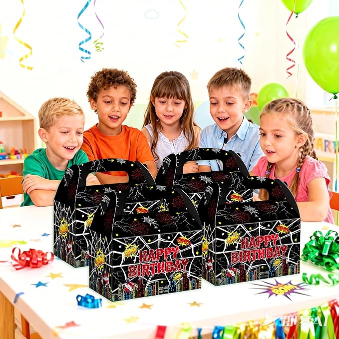KMZFPYJ Black Spider Web Birthday Party Supplies, 20-Pack Party Favor Boxes for Kids Birthday, Double Sided Printed,Kraft Candy Treat Goodie Boxes For Party Baby Shower Decorations Supplies