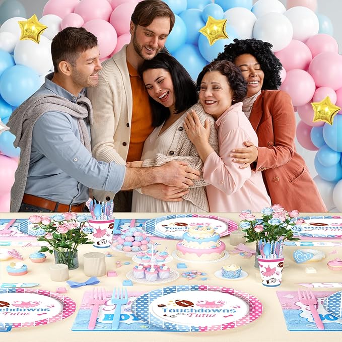 Touchdowns or Tutus Gender Reveal Decorations, Pink Blue Boy or Girl Party Supplies Backdrop Banner Balloon Garland Tablecloth Cake Topper Plate Napkin Cup Straw Knife Spoon Fork Sash 230 PCs