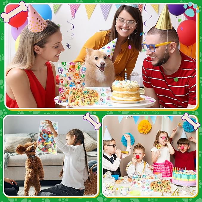Pasimy 100 Pcs Dog Paw Gift Bags Bulk Pet Paw Puppy Plastic Treat Favor Candy Goodie Bags with Handle for Dog Birthday Party Decoration Supplies(Clear Colorful)