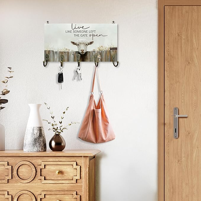 Sheep Gifts Key Holder for Wall 10"x5.12", Sheep Lamb Decor Key Hanger Wall Mount, Live Like Someone Left The Gate Open Rustic Farmhouse Lamb Wooden Hanging Keys Holder Decor for Entryway