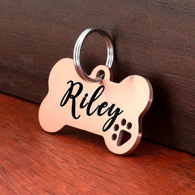 Ultra Joys Dog Tags Personalized for Pets - Hollow Paw Custom Pet ID Tag - Engraved Dog Tag for Small, Large Dogs - Small Bone in Rose